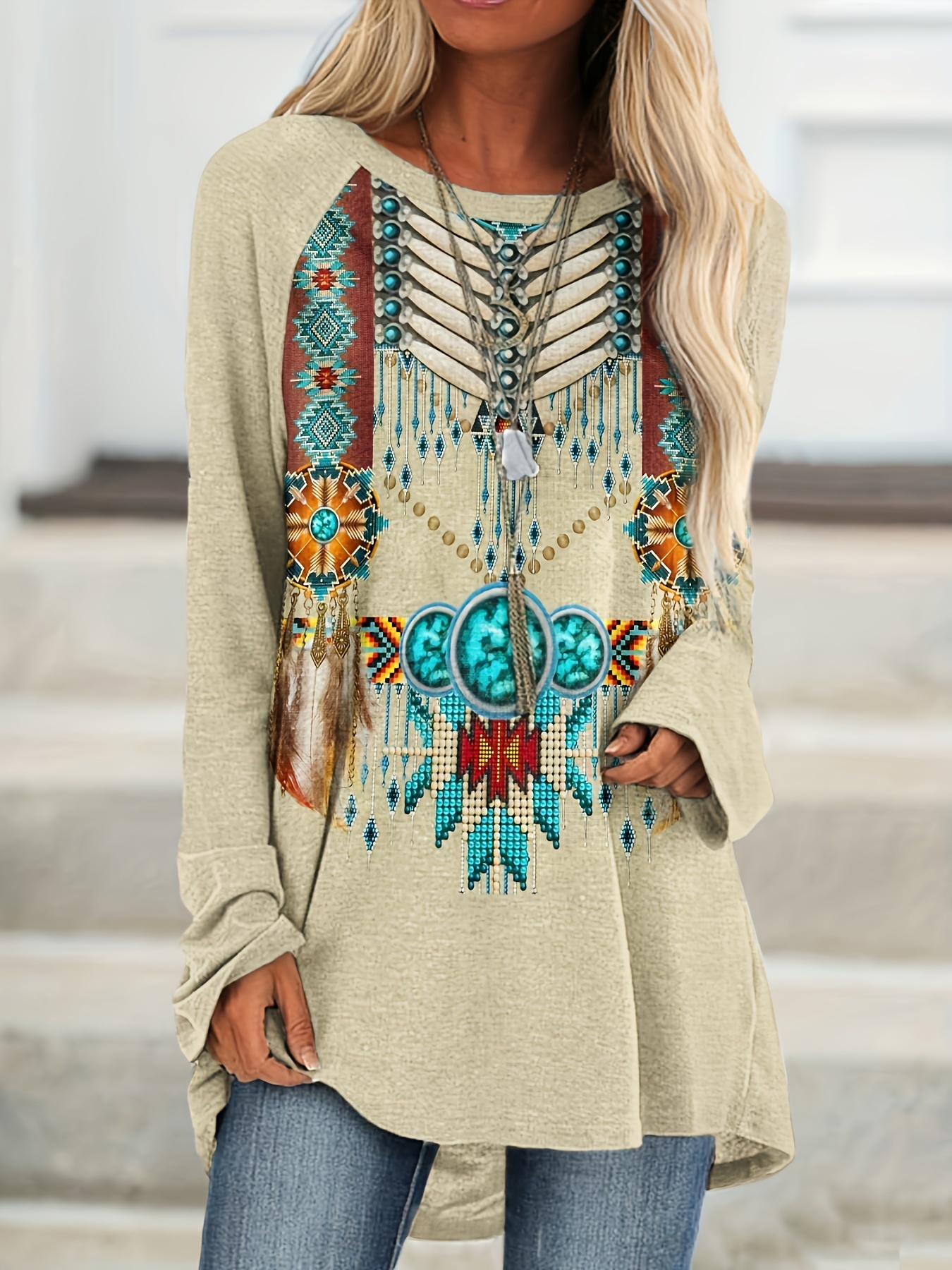 Vintage Fashion Shop - Vintage Print Long Sleeve V-Neck Button-Front