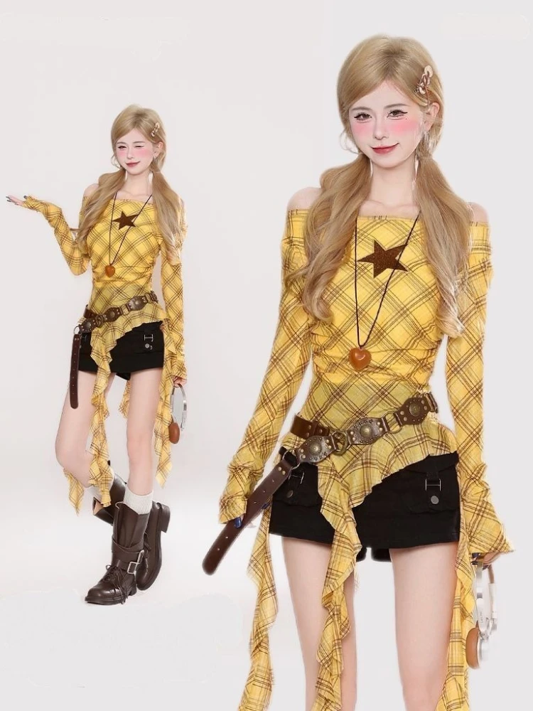 Y2K Plaid Slash Neck Vintage T – Vintage Fashion Y2K Bewertung und Preis