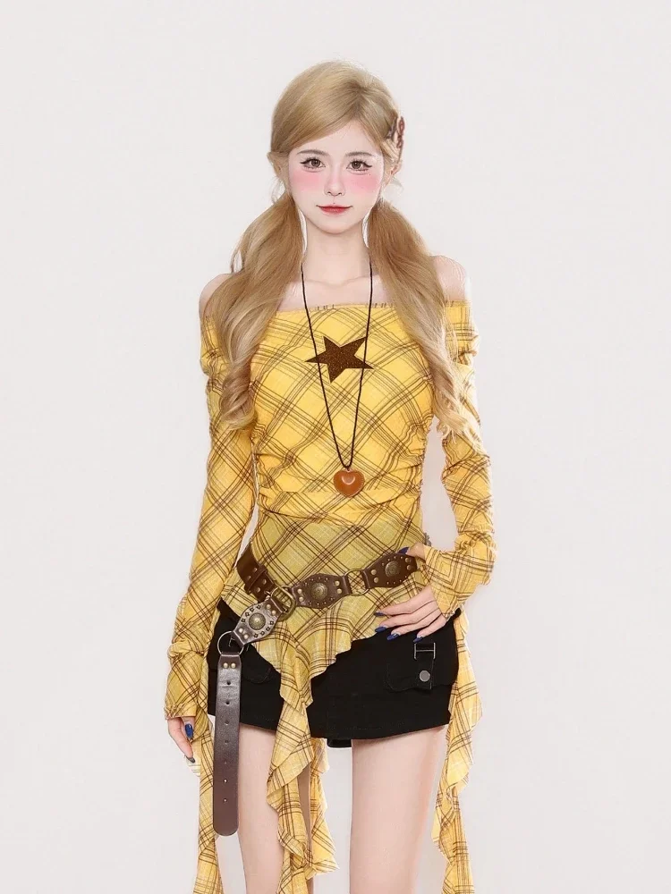 Y2K Plaid Slash Neck Vintage T – Vintage Fashion Y2K Bewertung und Preis